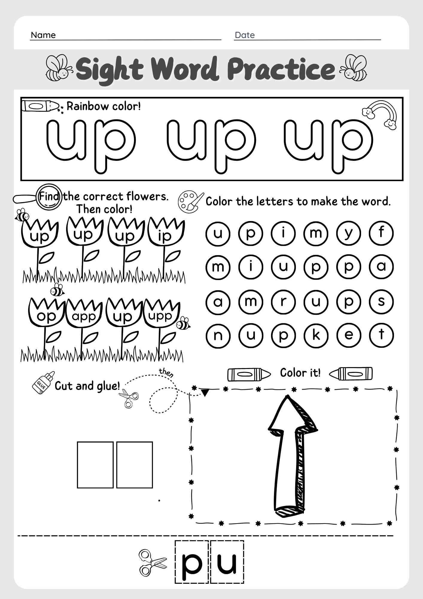 Dolch Sight Word "Up" Cut and Paste, Find and Color, and Find the Words Worksheet for Pre